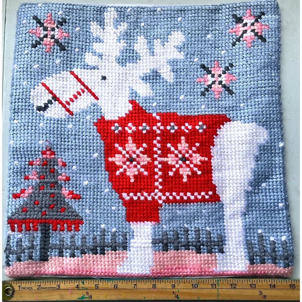Gorgeous Needlepoint Christmas Tapestry Pillow Cover Canvas New! 12” Reindeer